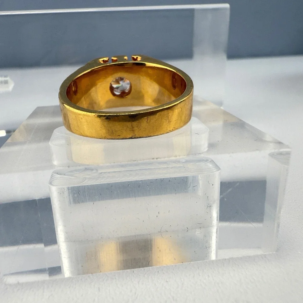 Chunky Vintage Gold Tone Men's Statement Ring with Clear Glass Stone Size 11.75